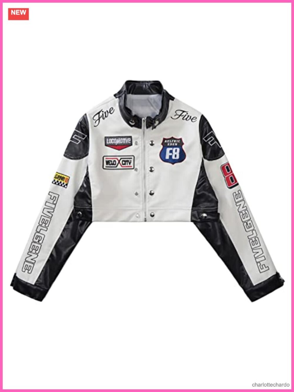 Faux Leather Cropped Moto Biker Jacket Embroidered Letter Print Slim Fit Long